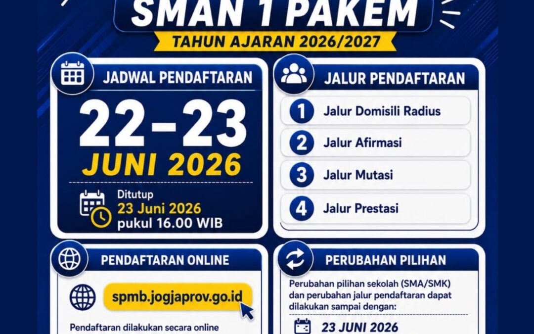Pendaftaran dan Seleksi SPMB Reguler SMAN 1 Pakem Dibuka 22–23 Juni 2026